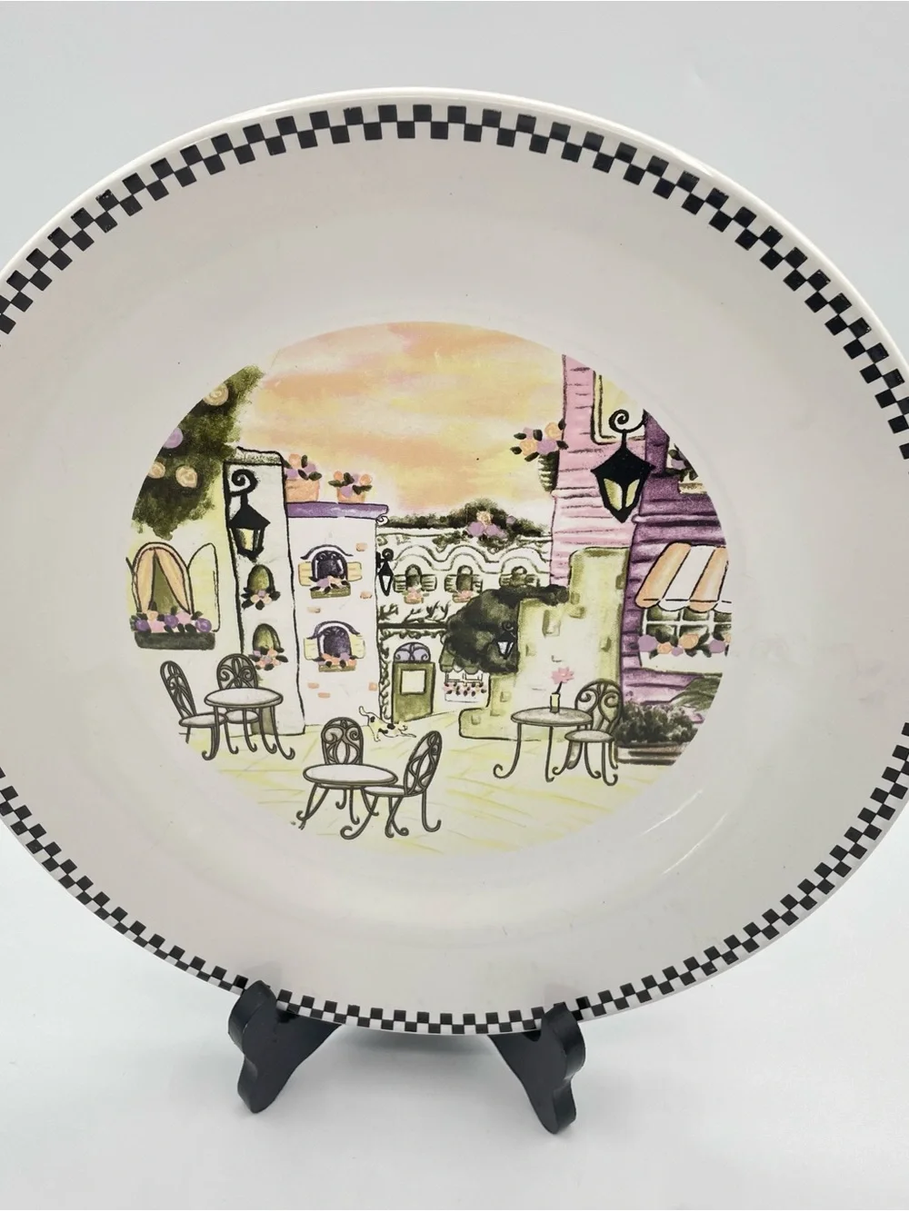 Set of 4 Bistro Cafe Scene Dinner Plates 10.5” Black Check Border Ceramic